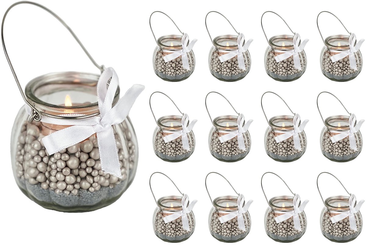 set, kaarsenhouders glas (12 stuks), theelicht kaarsen, windlicht, bruiloft, party, kleine vaas, tafel, decoratief licht, incl. strik