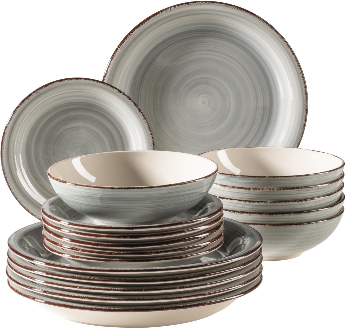 931875 Bel Tempo II, bordenset voor 6 personen in moderne vintage look, 18-delig tafelservies, handbeschilderd keramisch servies, aardewerk, rookblauw