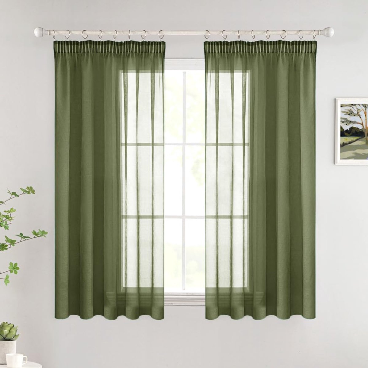 korte transparante gordijnen, binnengordijnen met plooiband, moderne decoratieve gordijnen voor slaapkamer, woonkamer, huis, set van 2, 140x145cm, olijfgroen