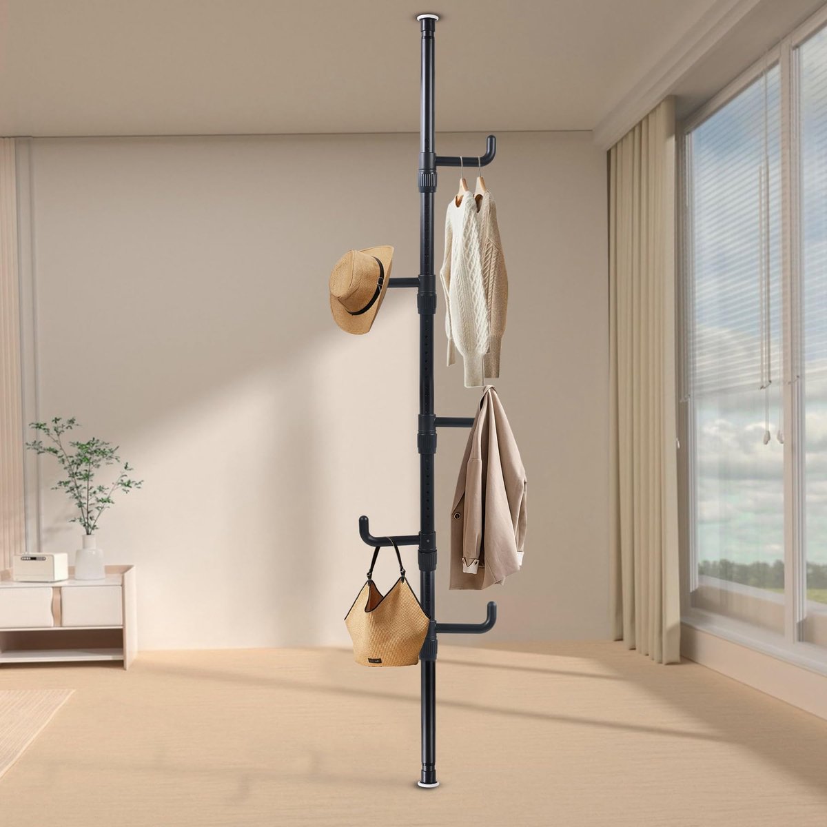 kledingstandaard met 5 haken, zwart, kapstok, uittrekbaar, 110-310 cm, kledingstang, plafond zonder boren, voor hal, slaapkamer, woonkamer, kantoor, kleding, hoeden, tassen