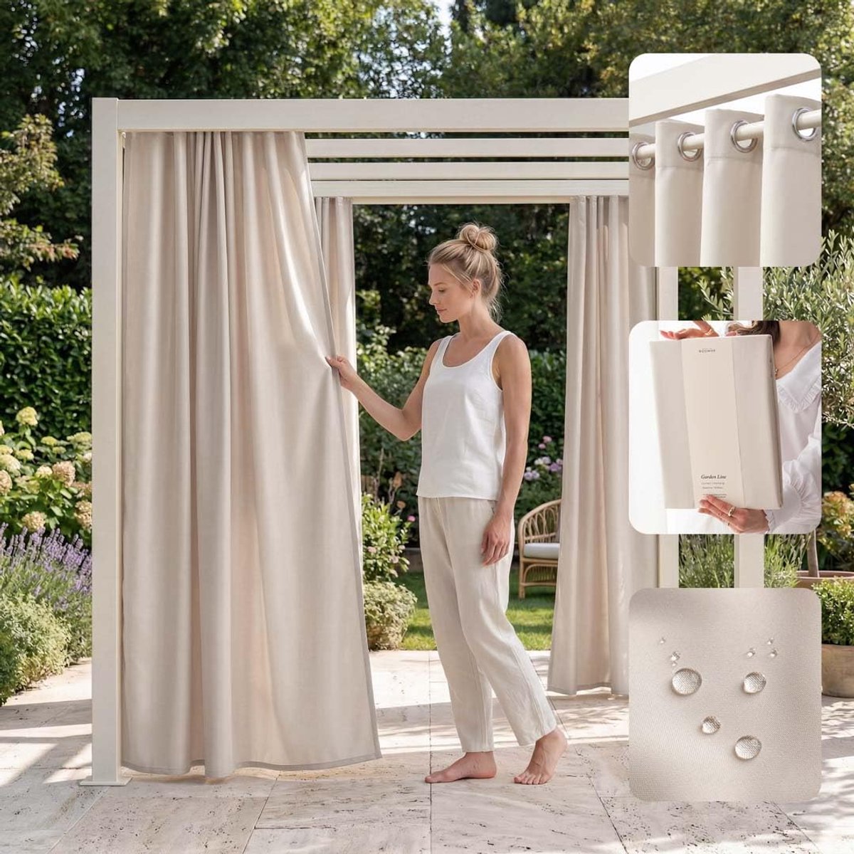 Gordijn met ingestanste ringen, Garden Line, weerbestendig, waterdicht, inkijkbescherming, zonwering, voor tuin, 155 x 200 cm breed x hoogte, lichtbeige