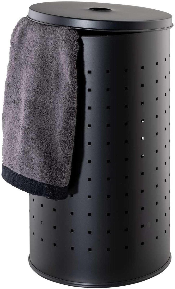 Wasmand met deksel – RVS – Zwart – 37L – Ø29 × 54 cm – Met luchtgaten