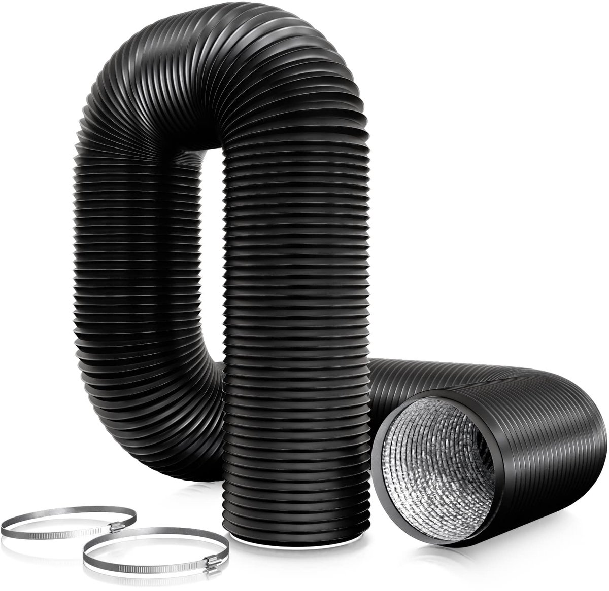 Aluminium PVC ventilatiekanalen met 2 klemmen, 100 mm luchtkanaal flexibele slang voor universele wasdroger, afzuigkap, afzuigventilator (100 mm x 3 m)
