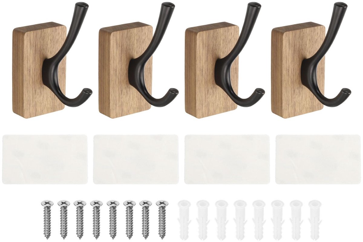 4 stuks houten wandhaken, zelfklevende handdoekhouder, houder, sterke haak voor slaapkamer, keuken, badkamer, mantel, badjas, zwart (vierkant)