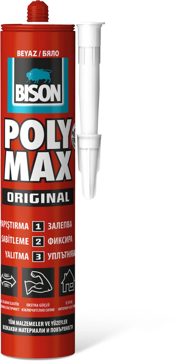 BISON Poly Max Original Wit 465 g - Universele Montagekit en Afdichtingskit - MS Polymeer Lijmkit - Waterdicht - UV-Bestendig - Binnen en Buiten - Cartridge [B23440]