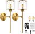 Twee gouden wandlampen met kristallen lampenkappen, lampen, afstandsbedieningen en schroeven.