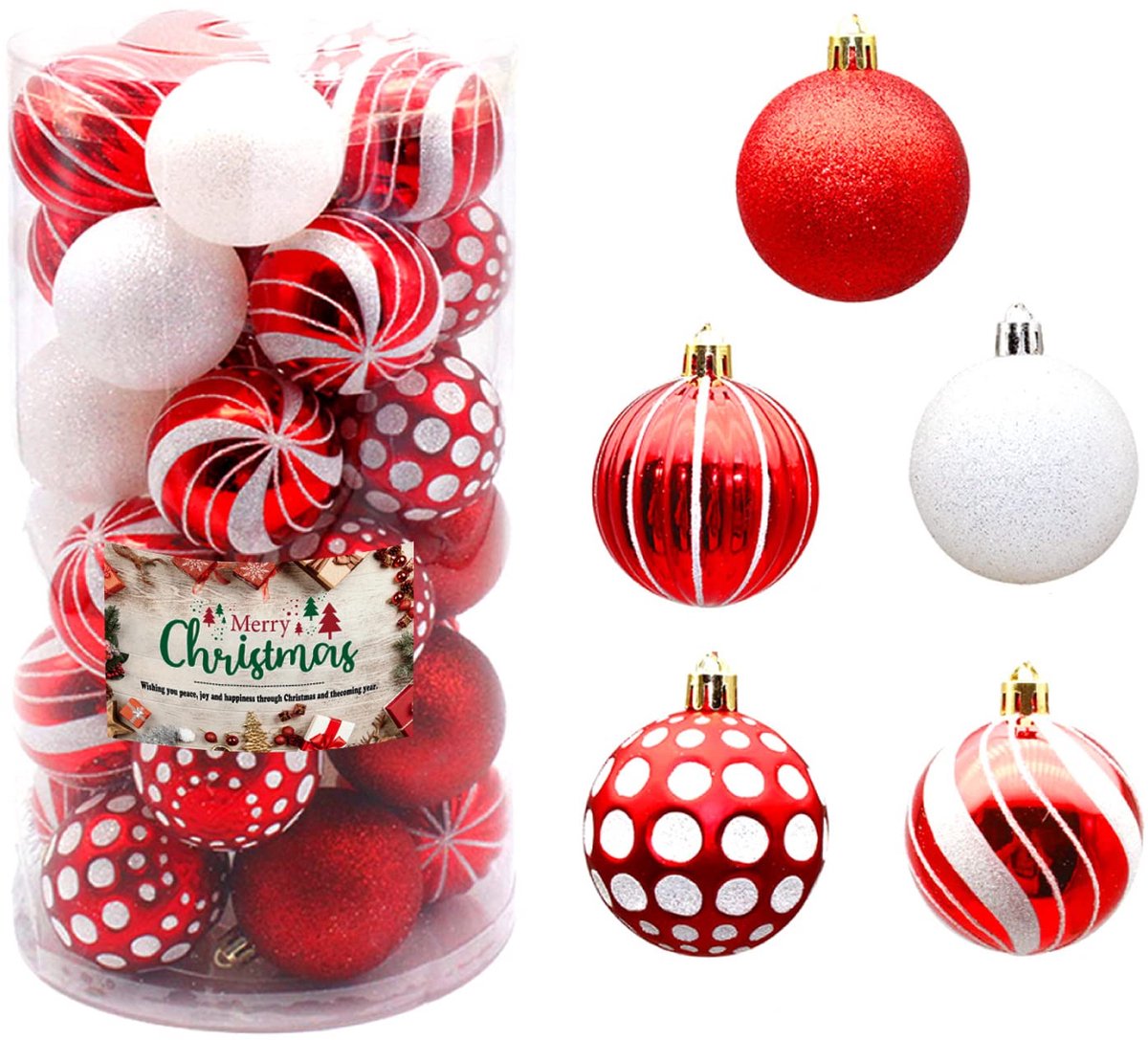 Kerstballen, kerstballen, onbreekbare kerstballen met haken, rood en wit kerstbal