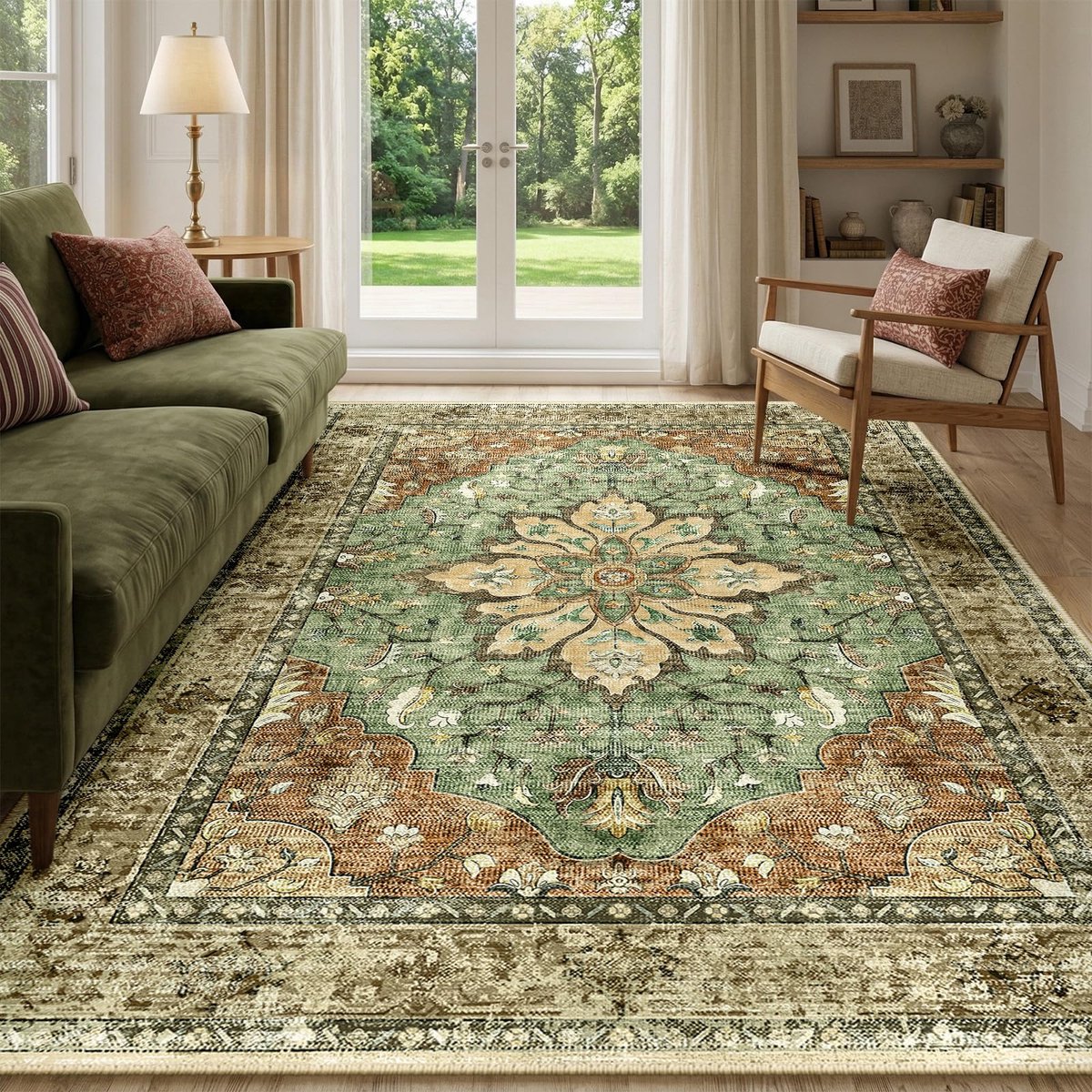 Machinewasbare Tapijten 150x210 cm Vintage Boho Vloerkleed Laagpolig Antislip Tapijt met Print Patroon voor Woonkamer Slaapkamer Huiskontoor Binnenhuis Ziegel/Bruin/Groen