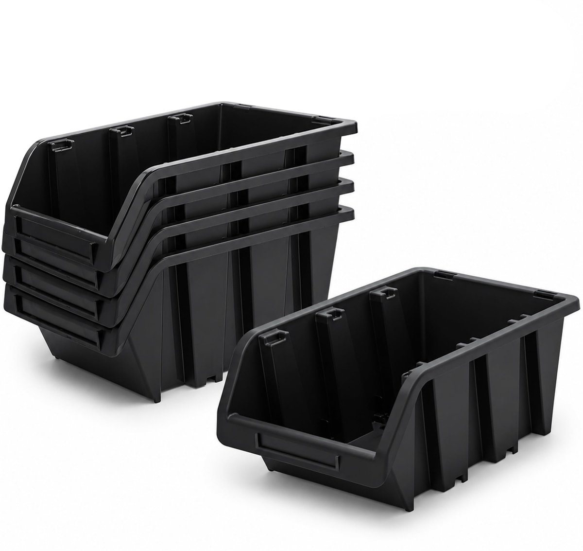 stapelkist, stapelbox van PP-kunststof, zichtbox, stapelbox, opbergdozen voor gereedschapswand, opbergdoos, sorteerdoos - zwart, 5 stuks, 490 x 298 mm
