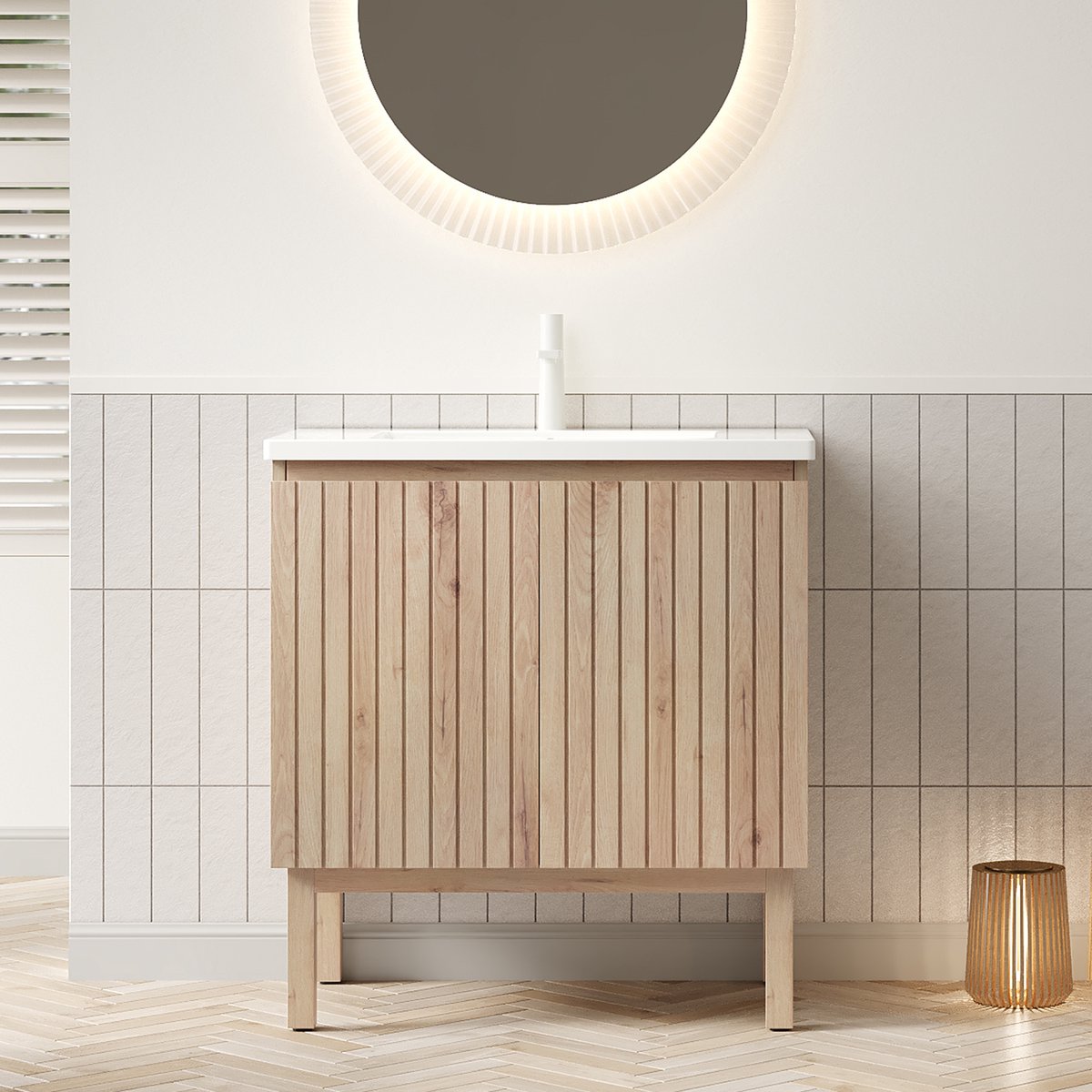 Vrijstaand badkamermeubel met wastafel - Opbergkast met streepdesign - 80 cm - Wit eiken & wit - Verstelbare plank en soft-close deuren - Keramisch wasbekken met overloop