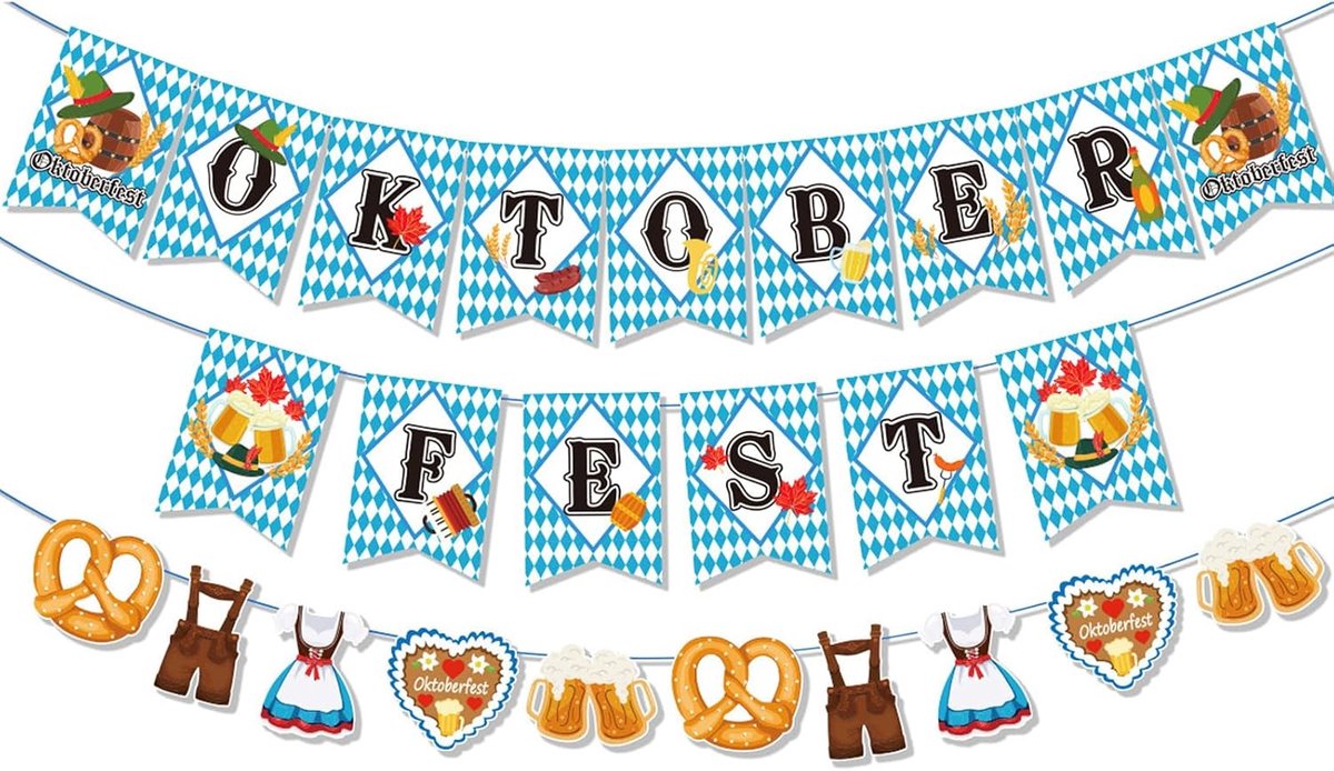 Decoratieset met 2 stuks, letters en vlaggetjesslinger blauw met accessoires, decoratie voor bierfeest, verjaardag en feest, decoratieset voor huis en tuin