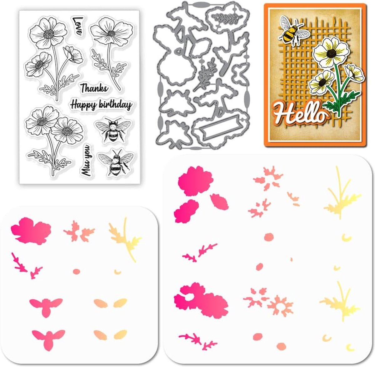 Kosmos Bijenstempels, stanssjabloon voor het maken van kaarten, bloemen, insecten, siliconen stempel, stanssjabloon, gelaagd PET-schildersjabloon voor doe-het-zelf, scrapbooking