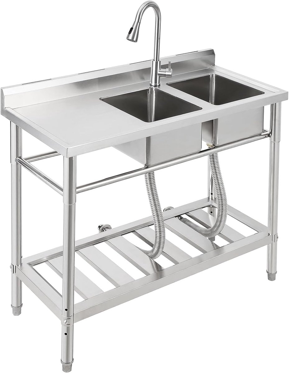 Stalen spoelbak 99 × 46 × 102 cm, vrijstaande keukengootsteen 1 wastafel, commerciële spoelbak met kraan koud en warmwaterslangen, voor bijkeuken, buitenkeuken, horeca, winkel, restaurant