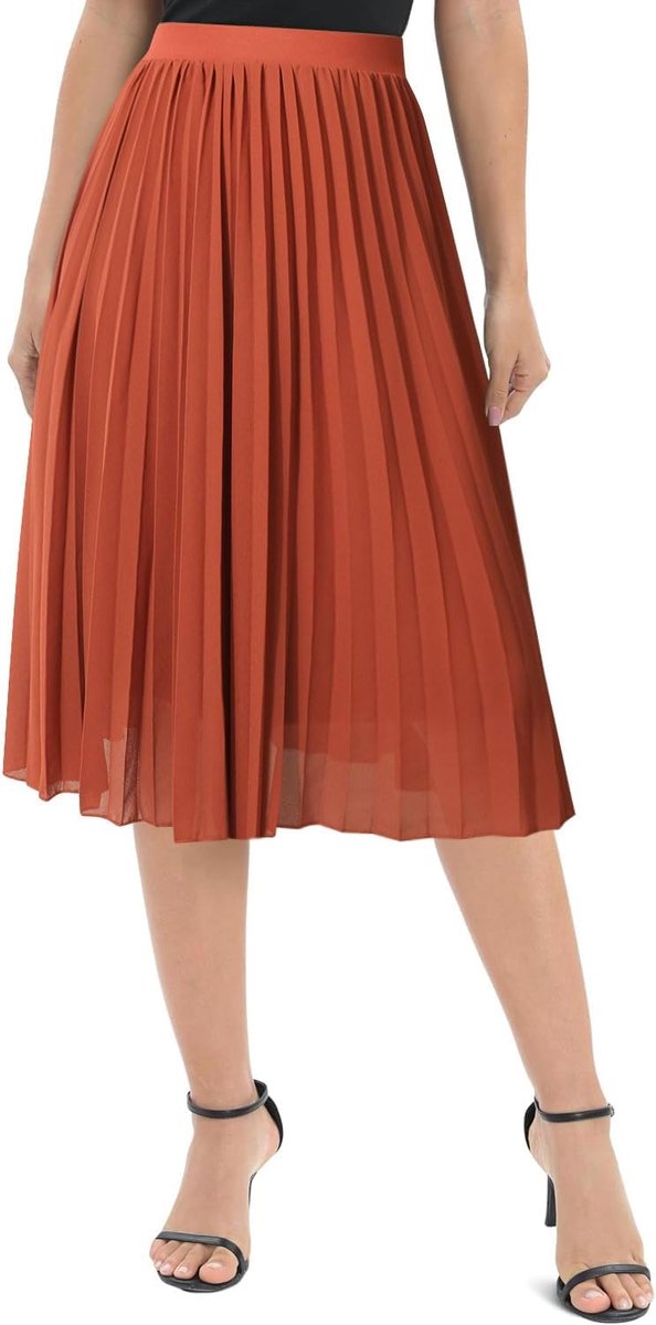Damesrok, elegant, chiffon, elastische taille, A-lijn, plooien, knielang, midi-rok met voering, zomer, basic