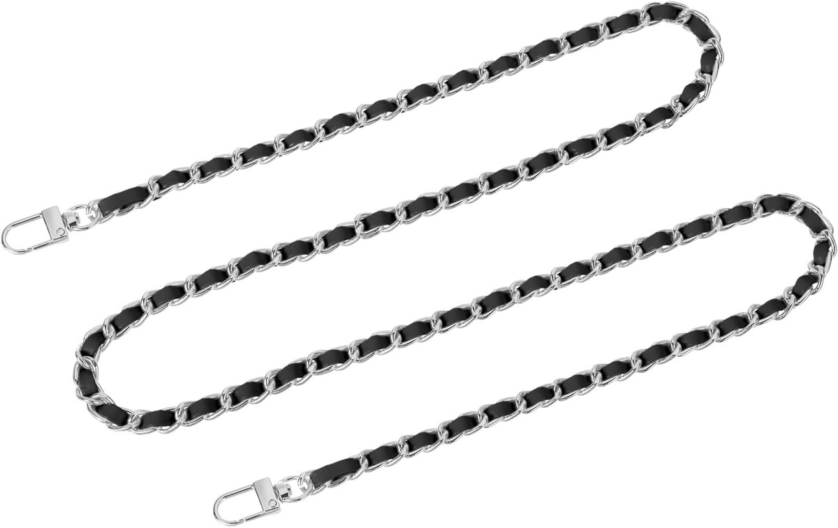 Tasketting, portemonneeketting, 120 cm, tassenriem, handtasketting, portemonnee-riem met gespen voor schouder, crossbody tassen (zwarte riem + zilveren ketting)