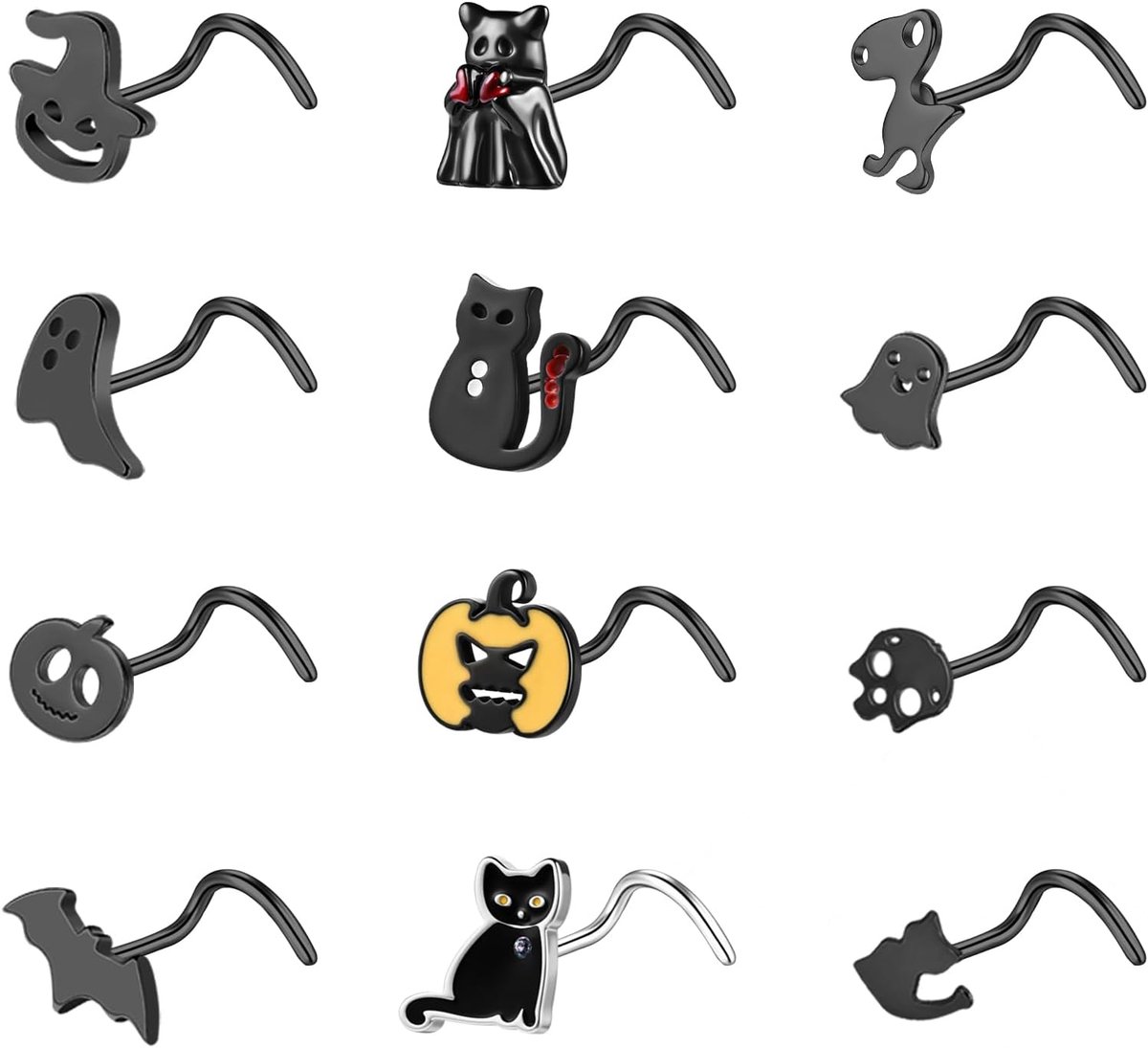 12 stuks 20G roestvrij staal hypoallergene neusring - Halloween vleermuis schedel pompoen L-vormige kurkentrekker neus stud zilver zwart neusgat piercing sieraden voor vrouwen mannen