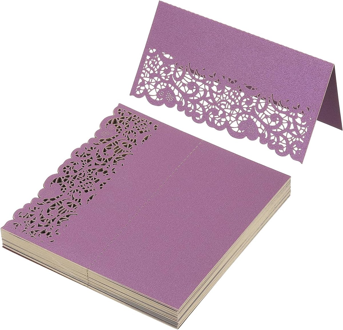 50 stuks bruiloft plaats kaarten, laser gesneden kant tafel plaats kaart gevouwen tent kaart naam kaarten voor tafel bruiloft setting buffet receptie, donkerpaars