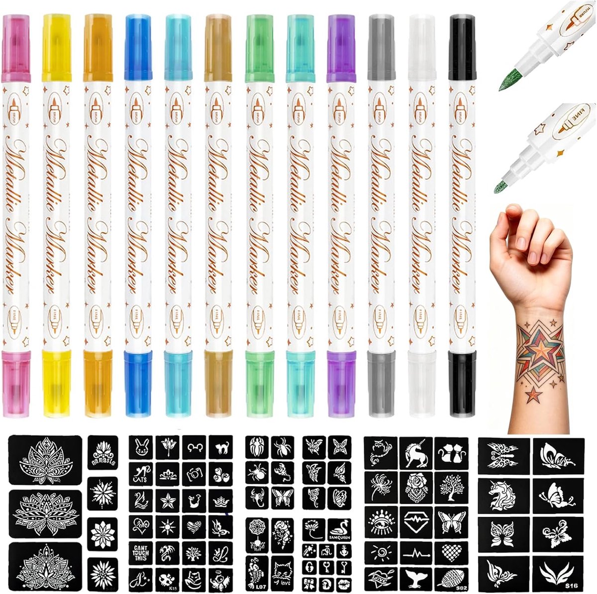 Tattoostiften voor kinderen, set met 12 kleuren, tijdelijke tattoo-markers, 3 grote sjablonen, huidvriendelijke lichaamsverfstiften voor kinderen en volwassenen, wateroplosbaar, tatoeagestift