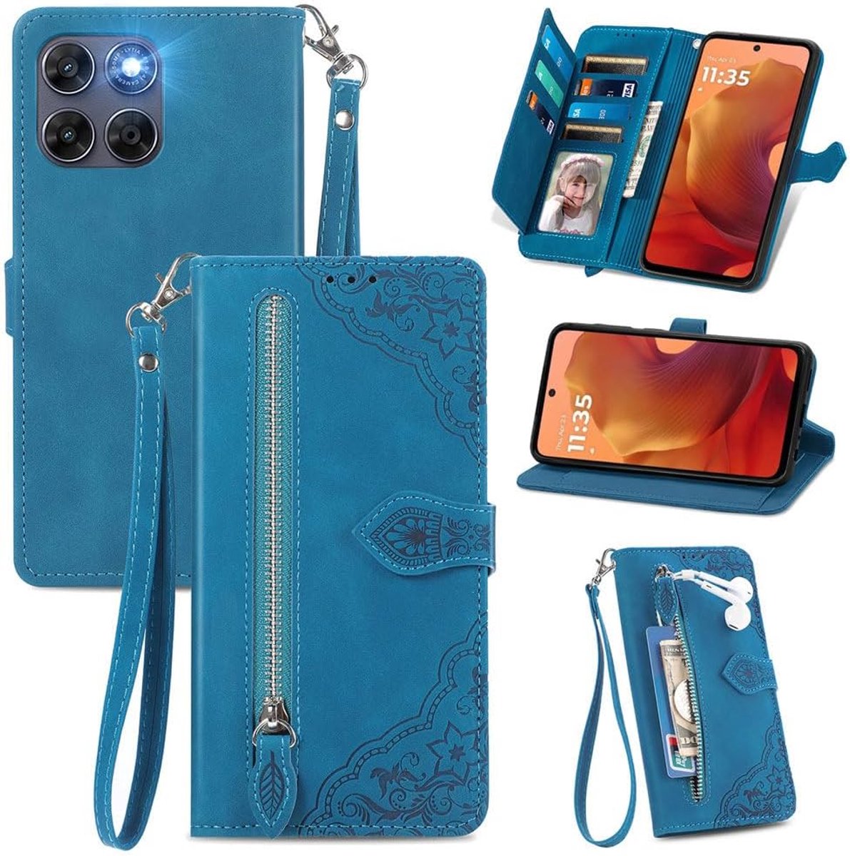 Flip Hoesje Compatibel met Motorola Edge 70 Fusion, PU Leren Rits Portemonnee Hoesje Flip Telefoonhoesje met TPU Shell, Kaarthouder Multifunctioneel Hoesje. Blue