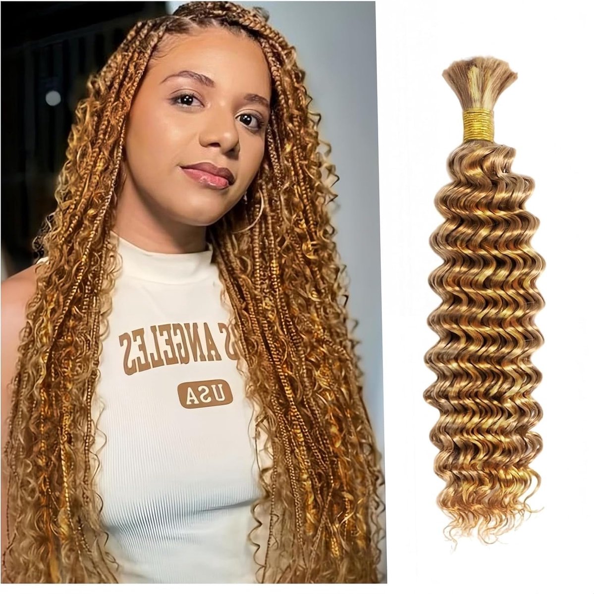 Wave Bulk Human Hair Braiding for Boho Braids Weaving Natural Human Hair Extension Unprocessed No Weft Bresilien Curly Bundle Virgin Hair Color 27# 1 Braid Per Pack (50g) 24 Inch