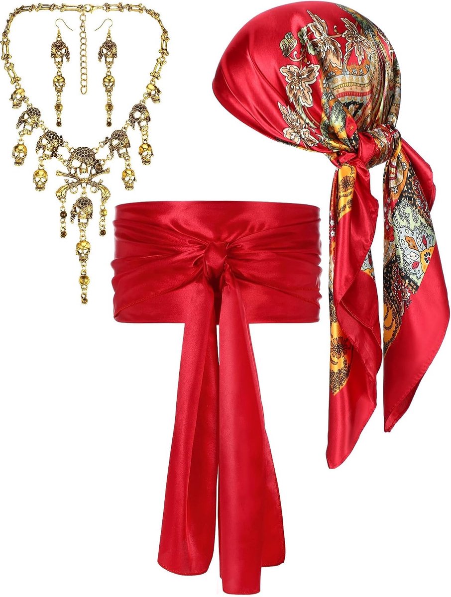 4 stuks, accessoires, piraat, dames, tulband, oorbellen, halsketting, doodshoofd, voor middeleeuwse kostuums, carnaval, Halloween, cosplay