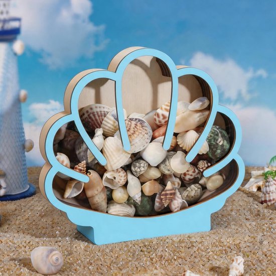 Presentatiedoos voor schelpen, standaard, hout, met transparant venster, acryl, kleine ster, zee, blauw, schelp, tand, haai, vitrine, voor collectie, decoratie, marine, strand, 15,5 x 13 x — afbeelding 2
