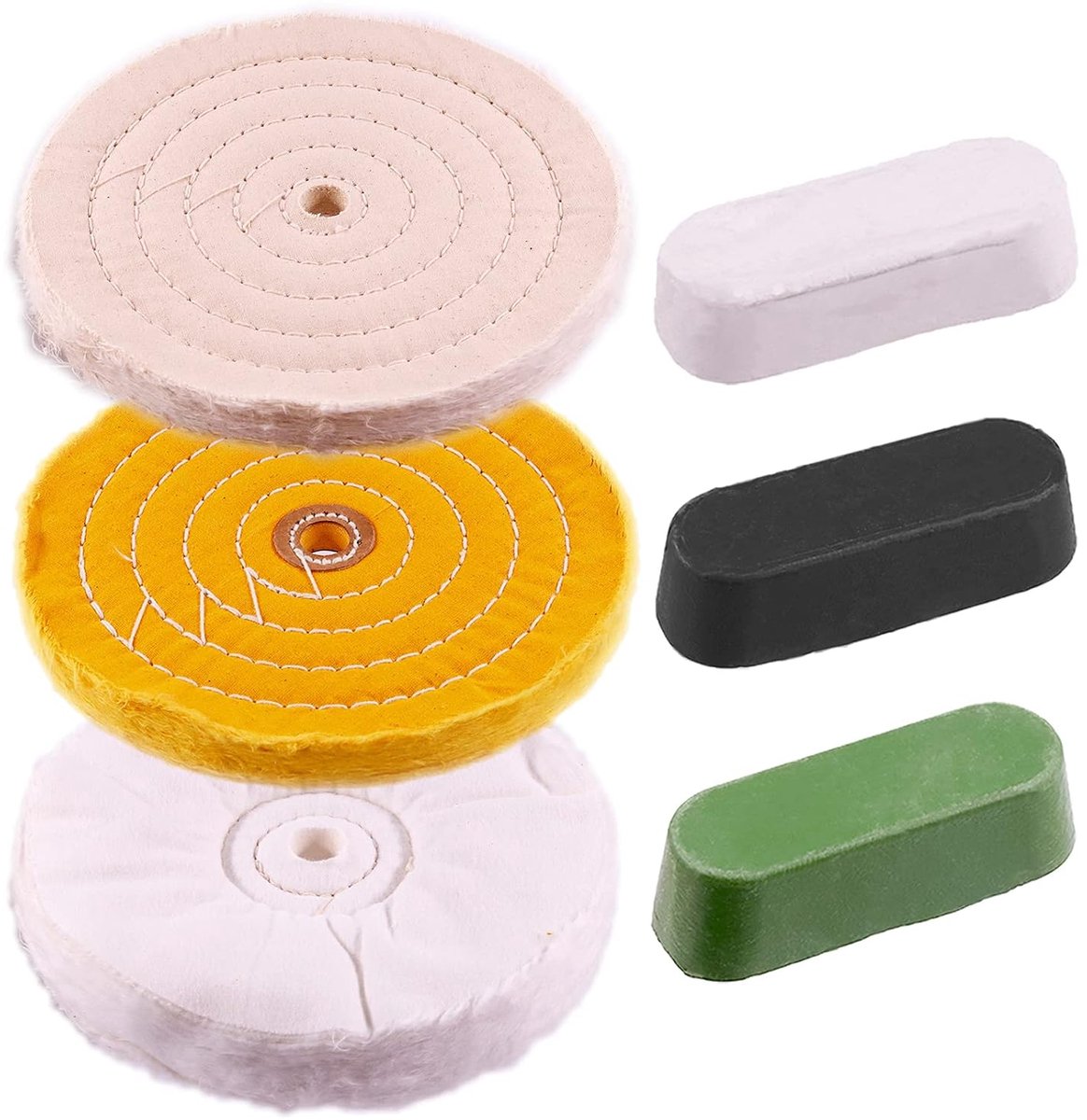 Polijstwielen Polijstpads 6-delig Set met 3 Polijstpasta's, 1 Wit Katoenen (40 lagen)/ 1 Geel Katoenen (40 lagen)/ 1 Flanellen Polijstwiel voor Bankdraaibank