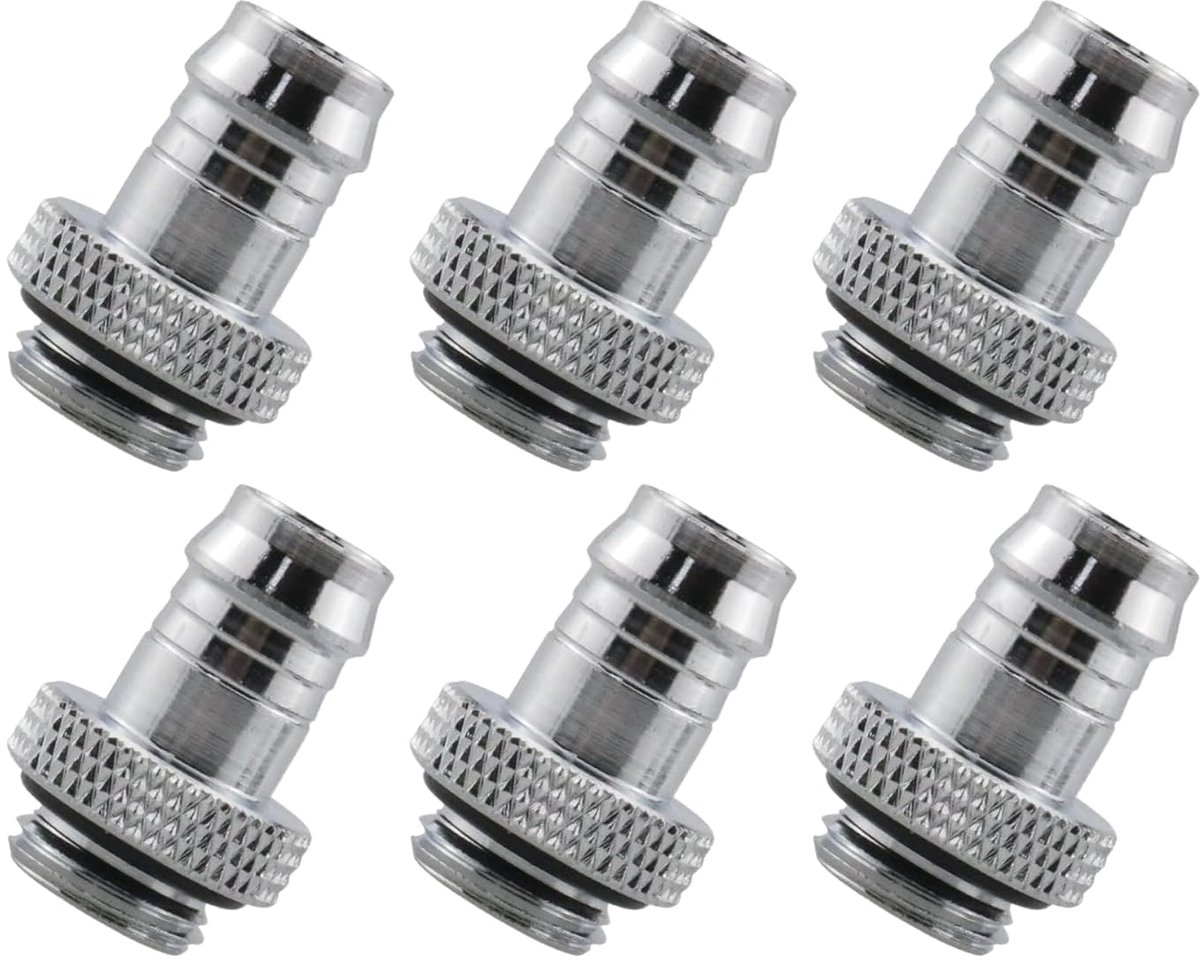 6 stuks G1/4 inch schroefdraad op 3/8 inch weerhaak voor zachte slangen, pc-waterkoelsysteem, zachte slangverbinders, zilver