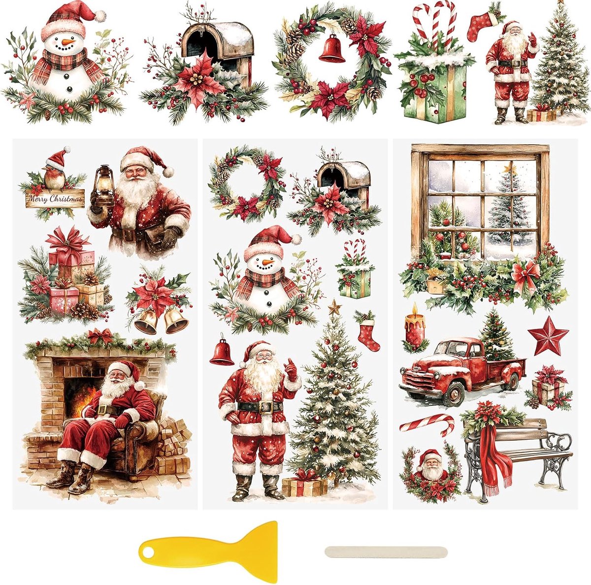 3 vellen retro kerst plakboek stickers kerstkrans meubels stickers sneeuwpop raamstickers UV wrijven op transfers voor ambachten, 15 x 30 cm