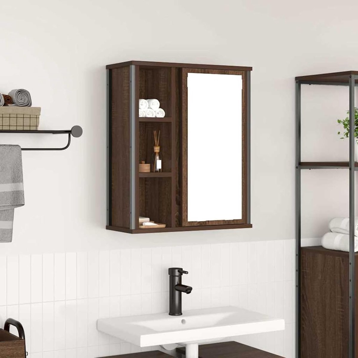 Wandkast met spiegel bruin eiken look 50x21x60 cm hout staal badkamer