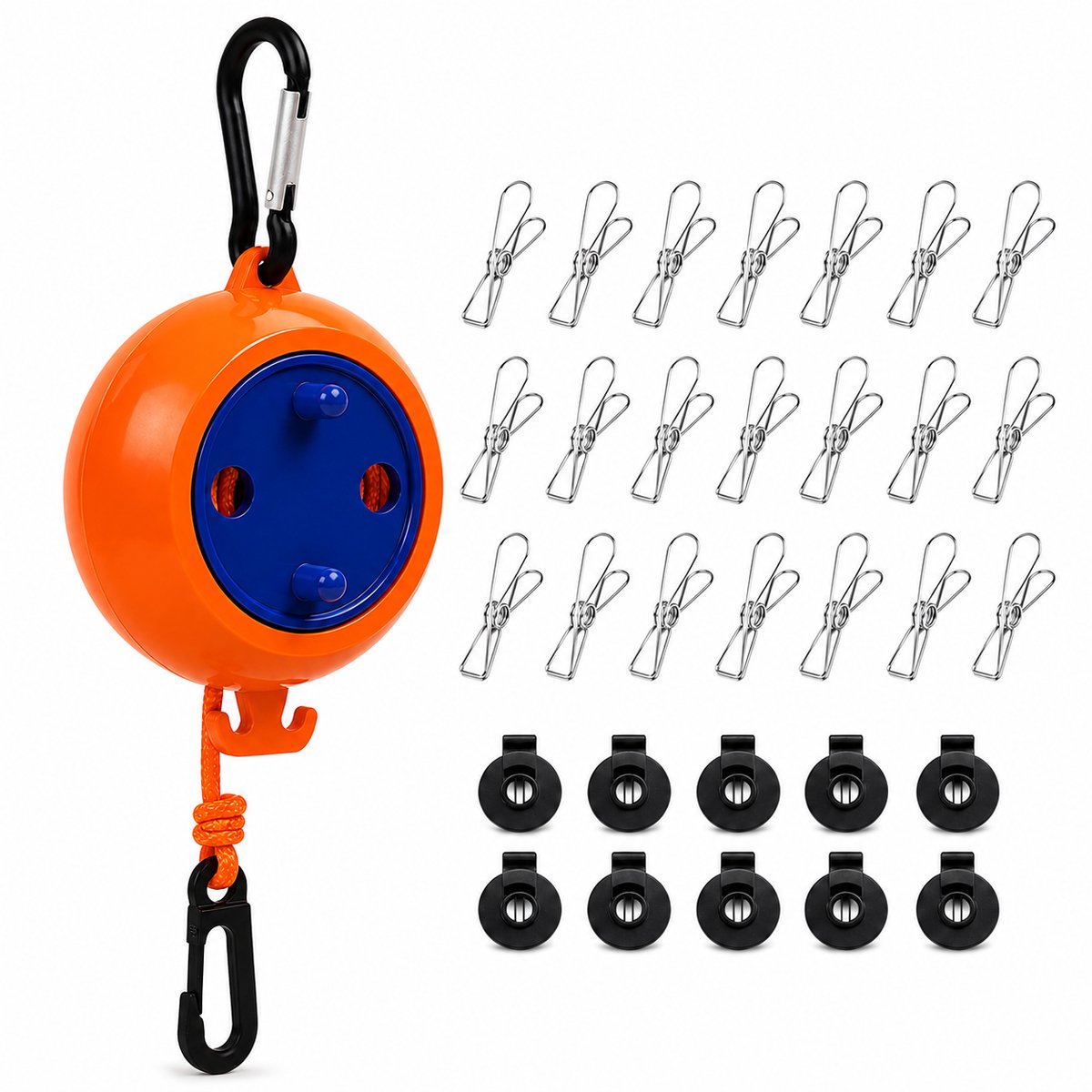 Waslijn Intrekbaar - 10 m - Tot 50 kg - 20 Hangers & 10 Clips - Voor Camping & Thuis - Winddicht Ontwerp - Oranje