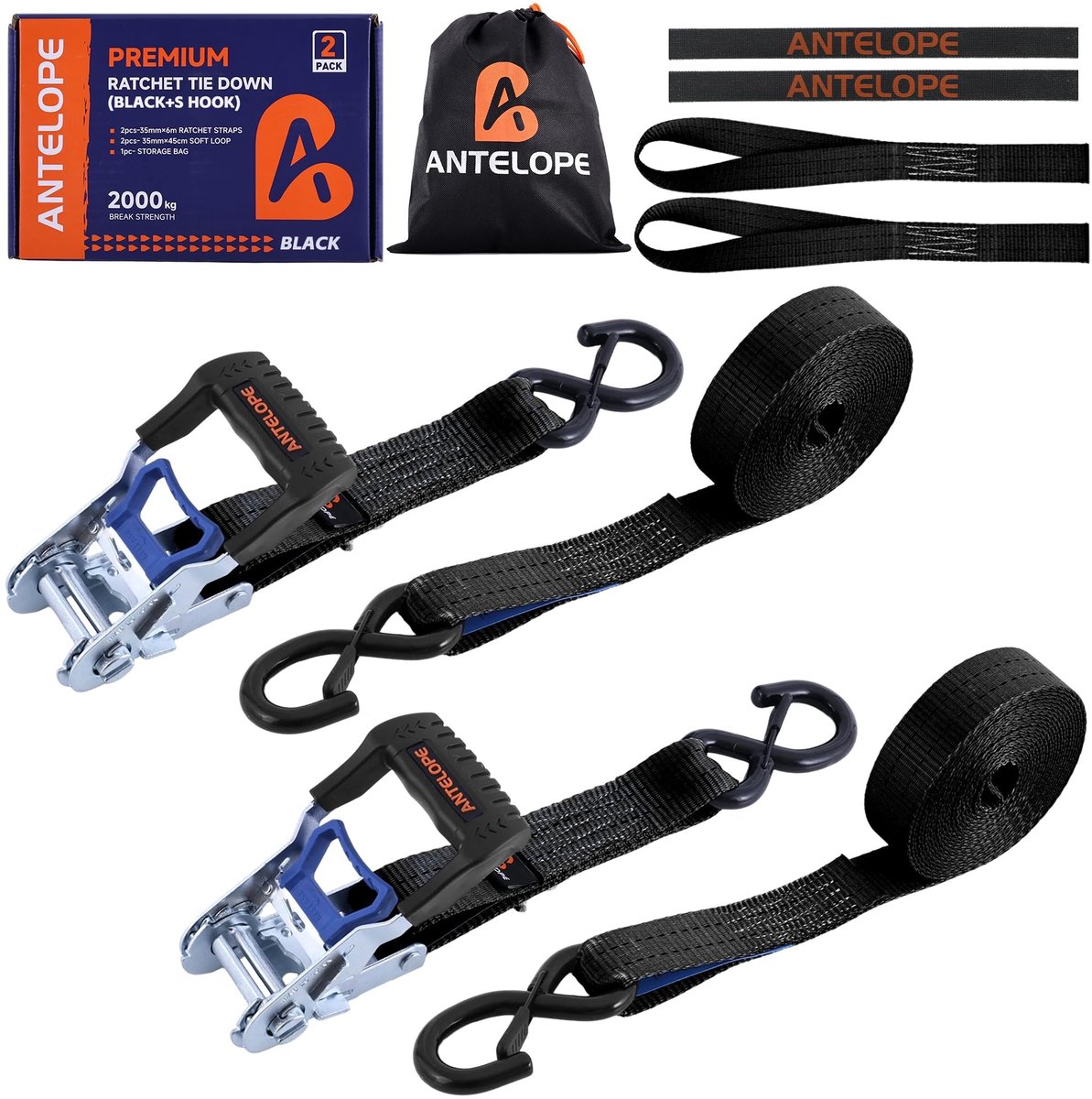 Elzusha - Ratelspanbanden 6m x 35mm met Haak - 2 Stuks (2000kg) Zwart