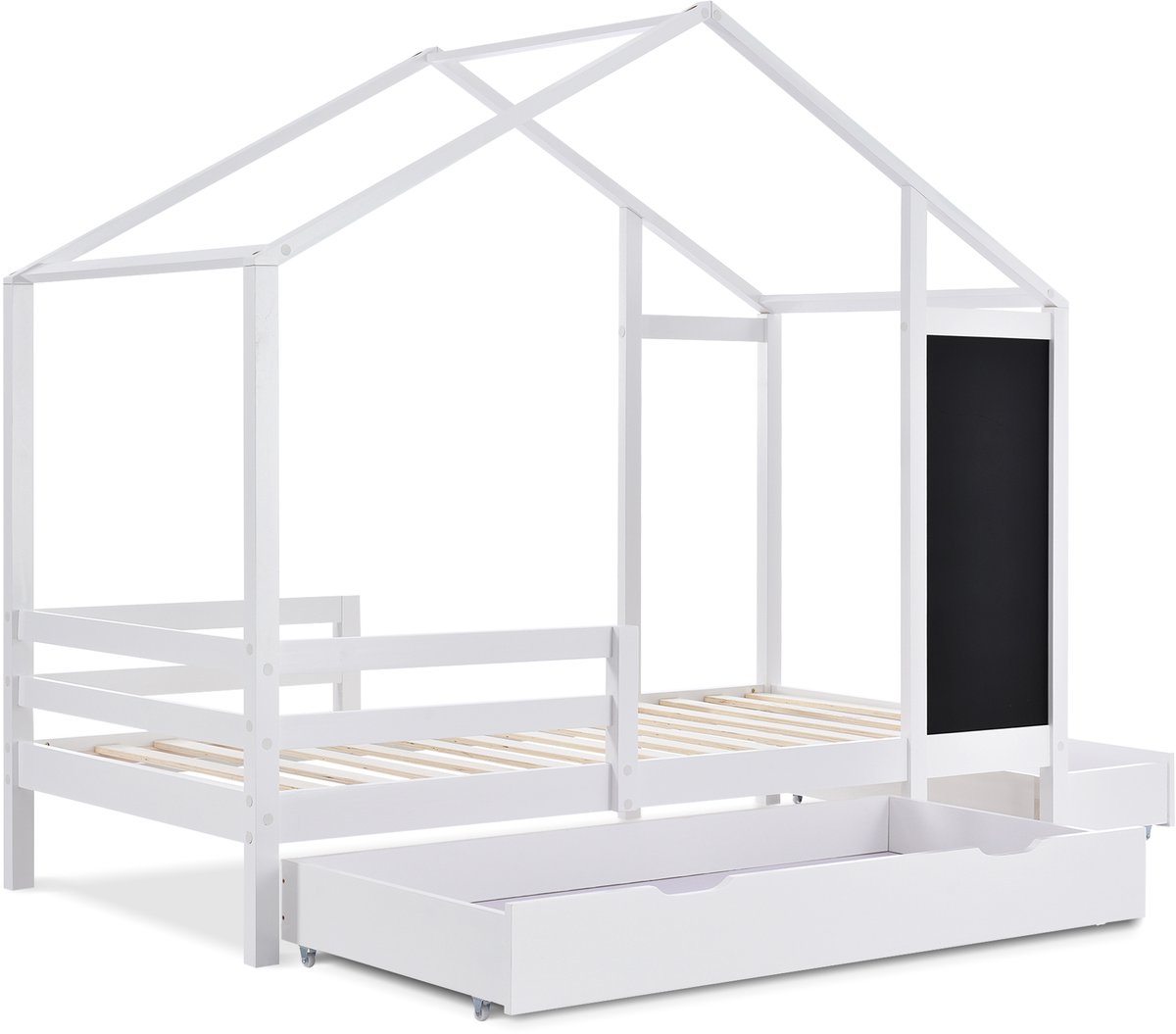 MUVANO Huisbed 90x200 - Houten Kinderbed - Wit Kinderbed - Kinderbed met Lades - Met Krijtbord - Massief Hout - Met Hekje - Lattenbodem - Slaapkamer - 90x200 cm - 1 Stuk - Wit