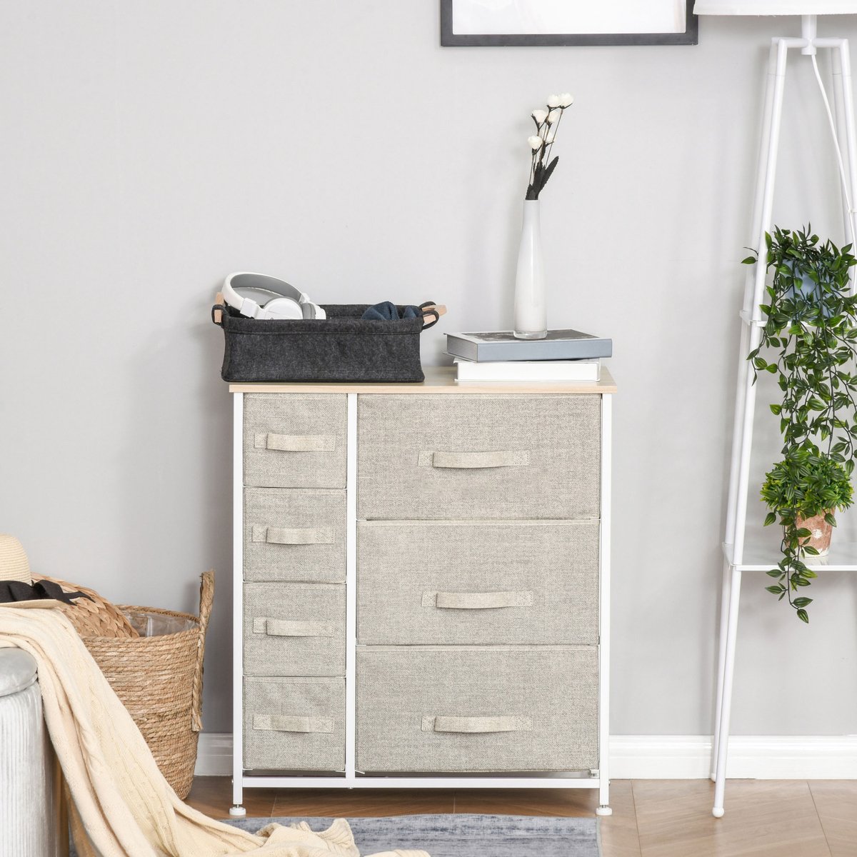 MIVRAY Ladekast Met 7 Opvouwbare Stoffen Lades En Stalen Frame Voor Woonkamer En Slaapkamer Lichtgrijs 63,5 X 30 X 71 Cm