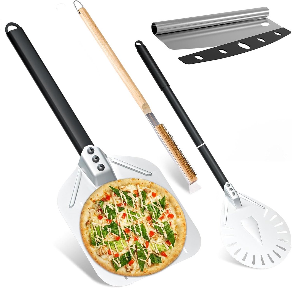 Pizzaset - Aluminium - 30,5 cm en 22 cm - Met Roestvrijstalen Pizzasnijder en Kokosvezel Borstel - Voor Pizzaliefhebbers