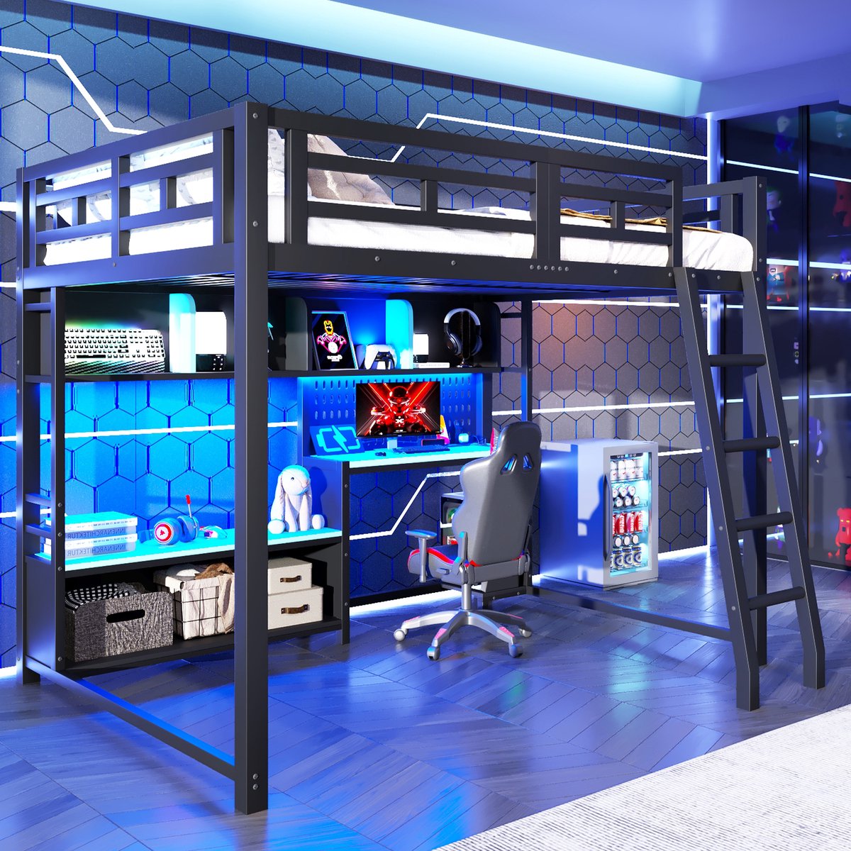 Hoogslaper 140x200cm Met Bureau En Opbergrekken – Gamingstijl Met Ledverlichting – Voor Jeugd En Slaapkamer – MDF En Metaal – Zwart Zonder Matras