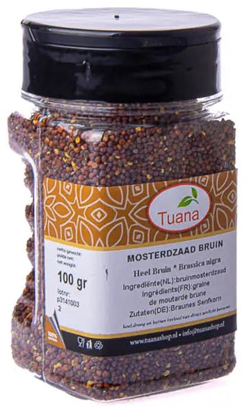 Plastic bakje met bruine mosterdzaadjes van Tuana. Bevat 100 gr mosterdzaad.