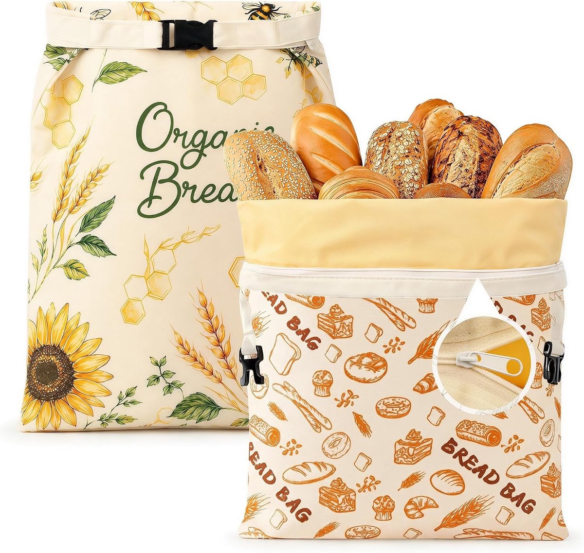 Broodzakken met bijenwas - Beige - 43 x 33 cm - Herbruikbare Katoenen Broodzak met Riem en Zipper - Voor Brood en Gebak