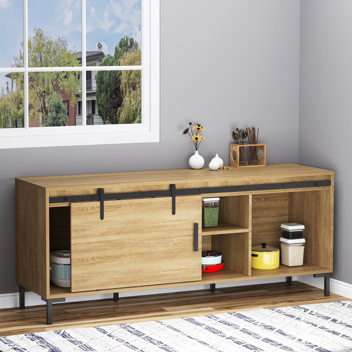 Sliding Door Hardware Set - Sliding Door System - Carbon Steel Walk Rail with Wheels and Rail for Sliding Door - Single Wooden Door Hanging Rail