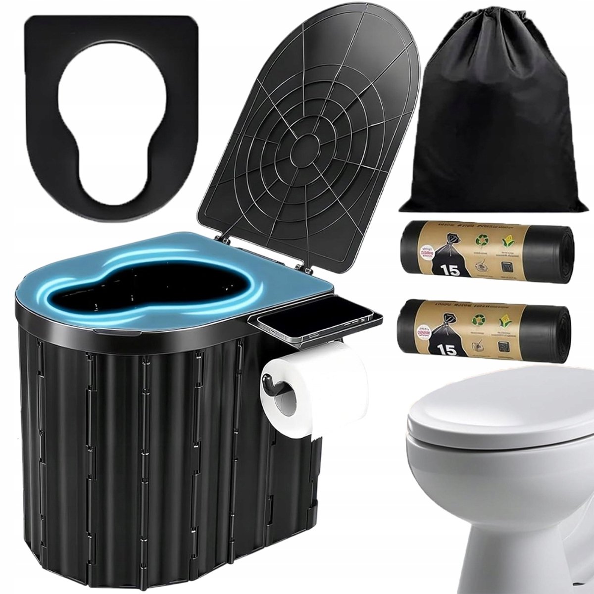 20L Campingtoilet - Draagbaar Toilet - Opvouwbaar - 200kg - met Telefoonhouder & Toiletpapierhouder - Zakken & Opbergtas - Outdoor Prullenbak - Mobile Toilet - Voor Auto en Reizen - Noodgeval