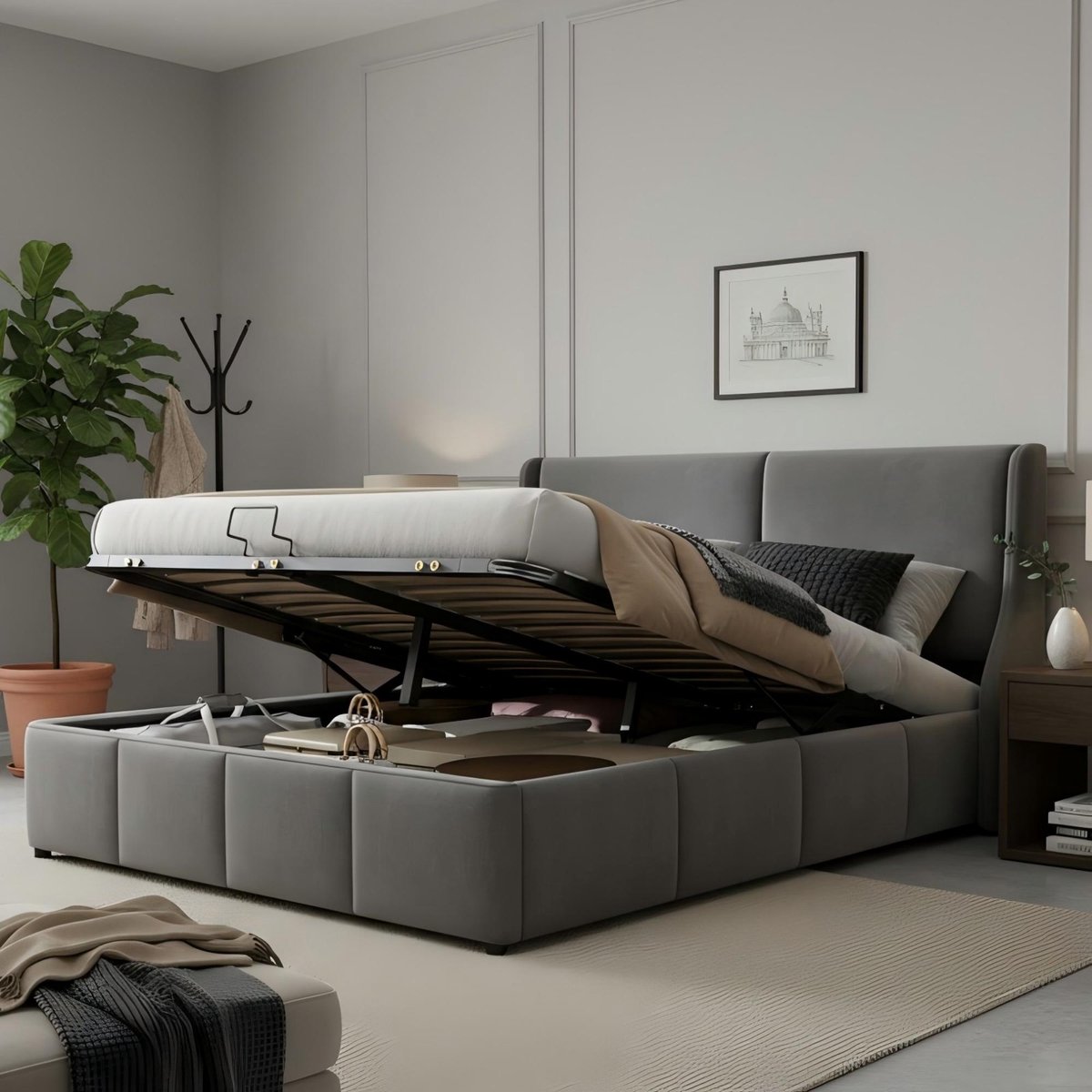 Gestoffeerd bedframe - voor matras 140 x 200 cm - grijs - met opbergruimte en lattenbodem - matras niet inbegrepen - voor de slaapkamer