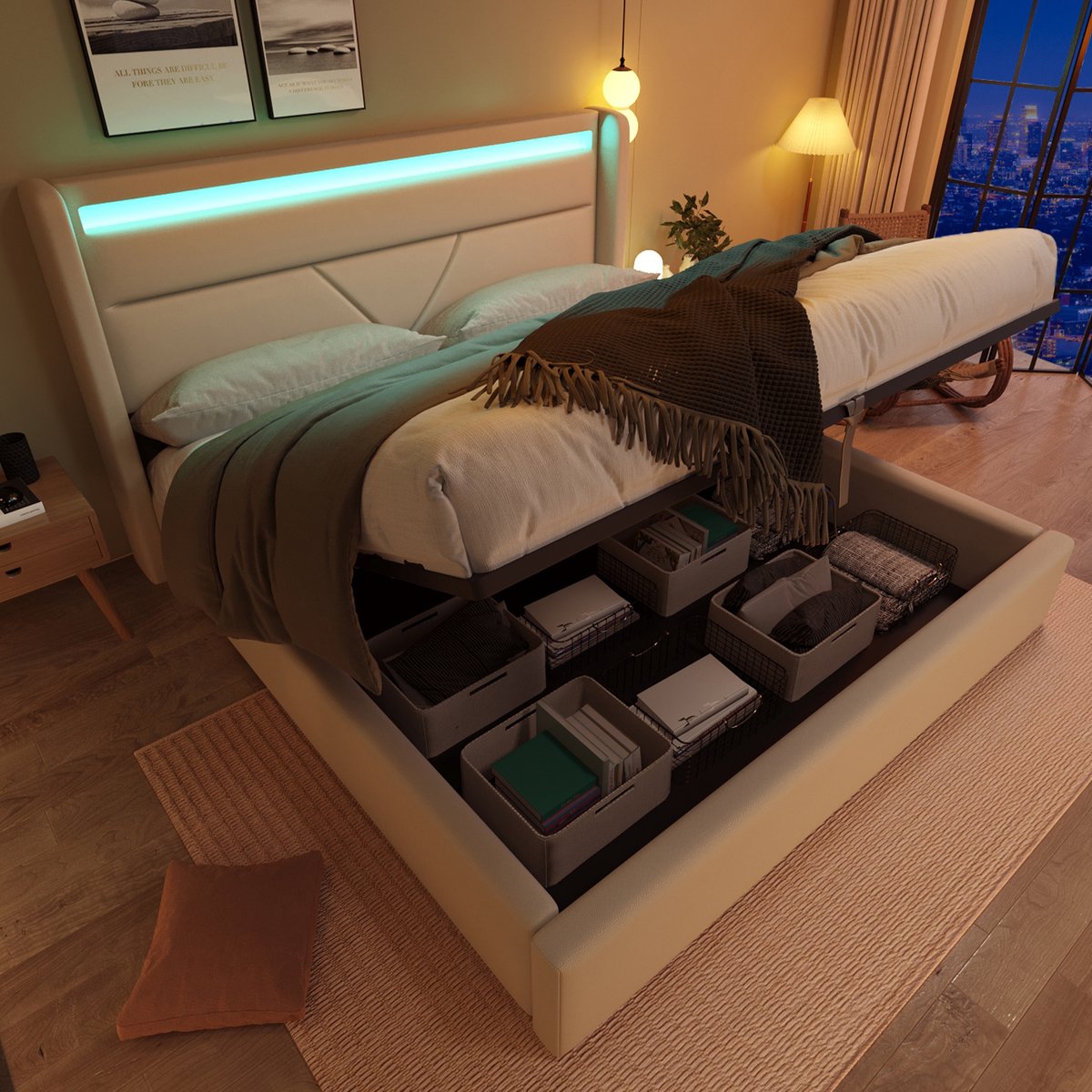 Bedframe - 160x200 Cm - Bed - Met Lattenbodem - Met Opbergruimte - LED - Wit