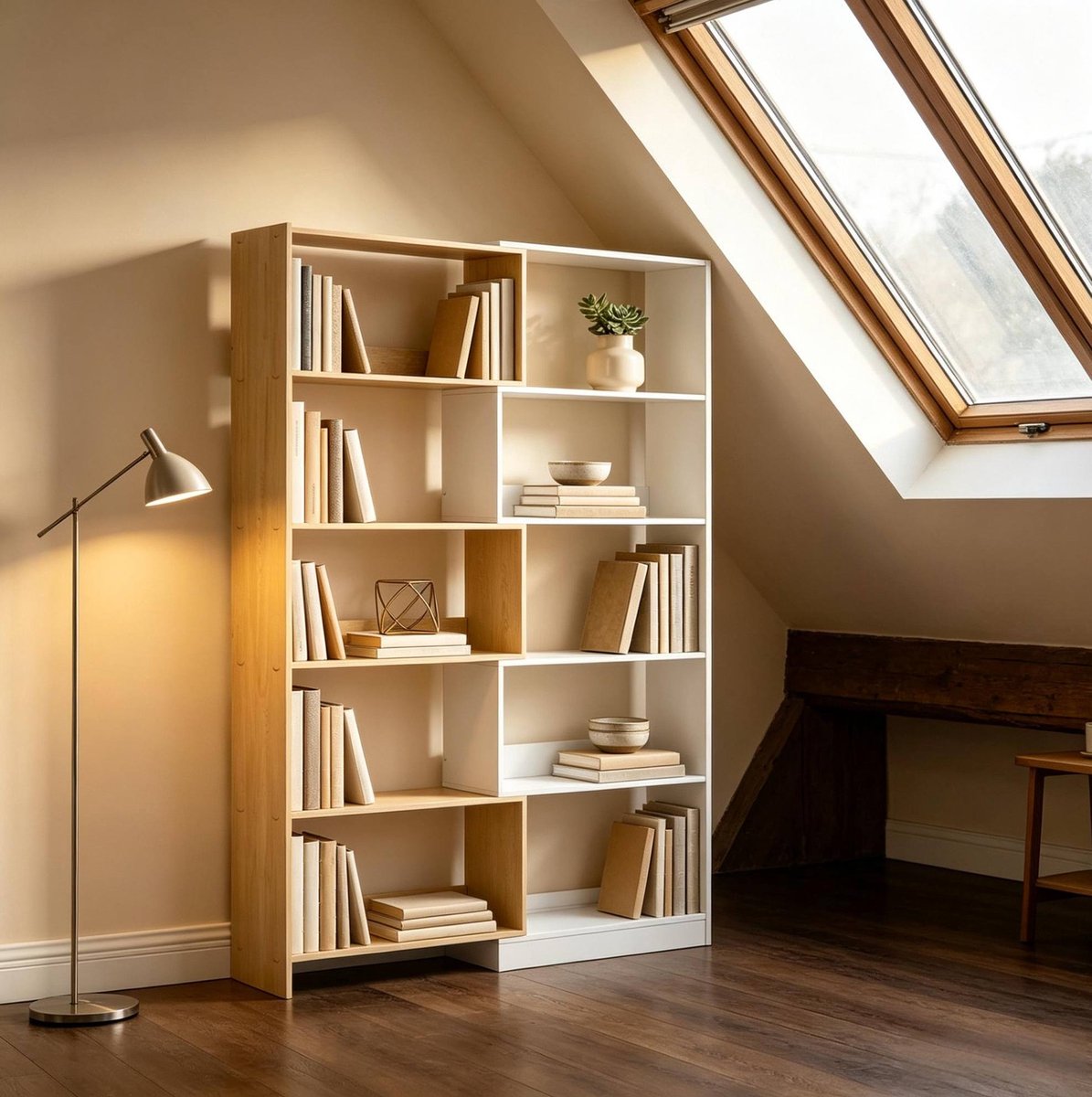 Boekenkast Met 350 Graden Draaibare En Veranderlijke Vorm Vijf Open Vakken Voor Hoek En Wand Houtkleur Wit Spaanplaat 163,7 Cm
