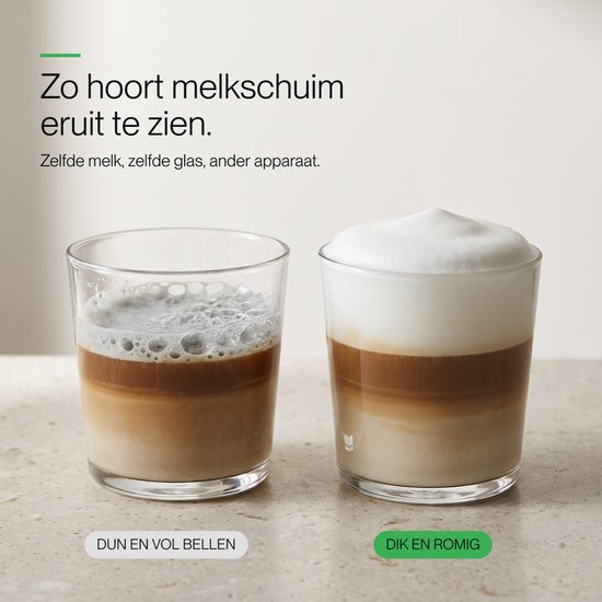 Twee glazen met koffie en melkschuim: links met dunne belletjes, rechts met dik en romig schuim.
