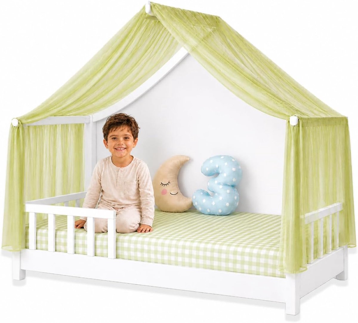 Huisbed hemel van 100% polyester – uniek stuk – ademend en duurzaam – bedhemel luifel voor kinderbed en huisbed, kinderkamer decoratie (groen, 160 x 320 cm)