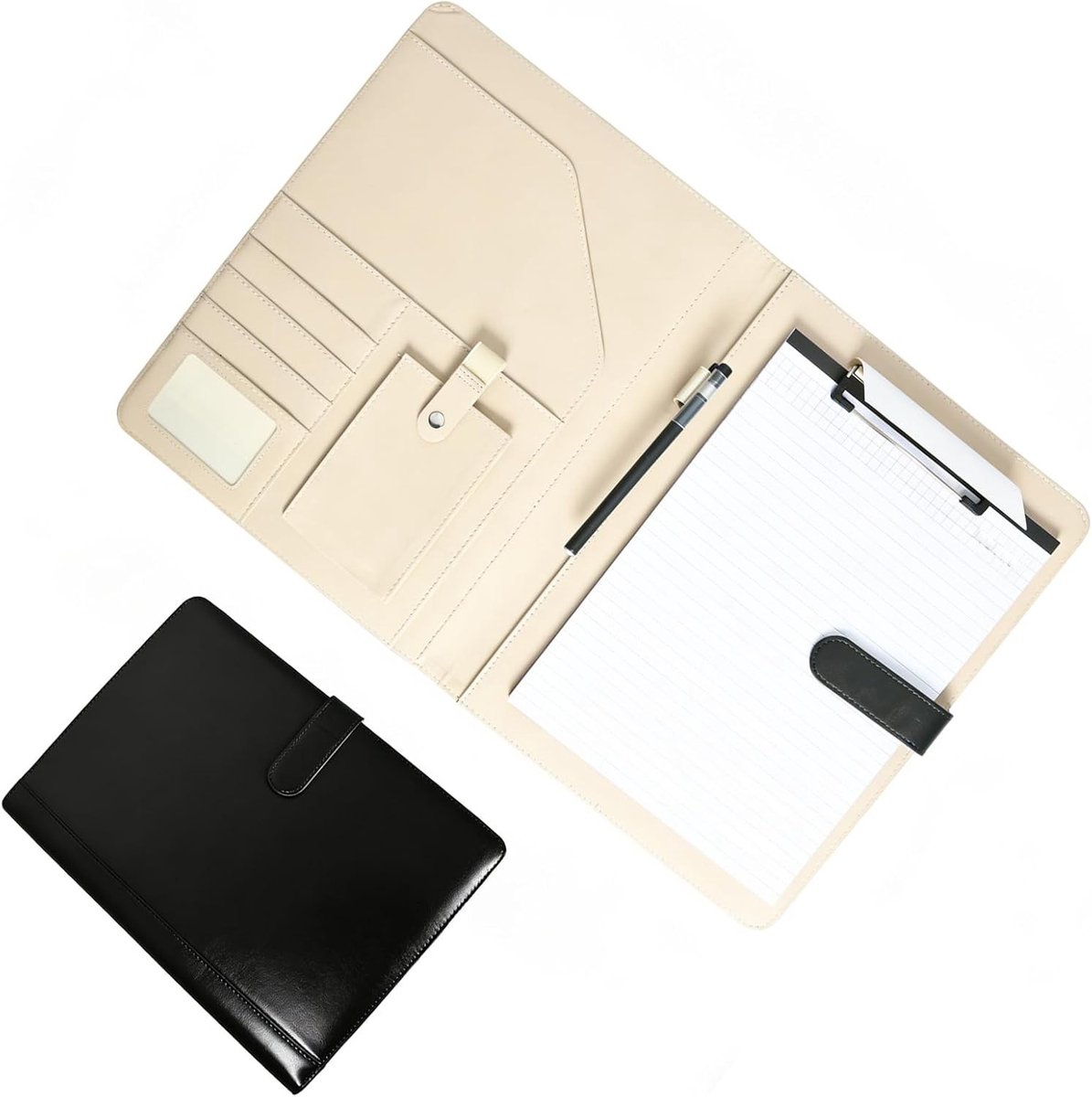Multifunctionele A4 folder met clip en deksel, hard plastic, inclusief notitieblok en pen voor kantoor en studie, zwart