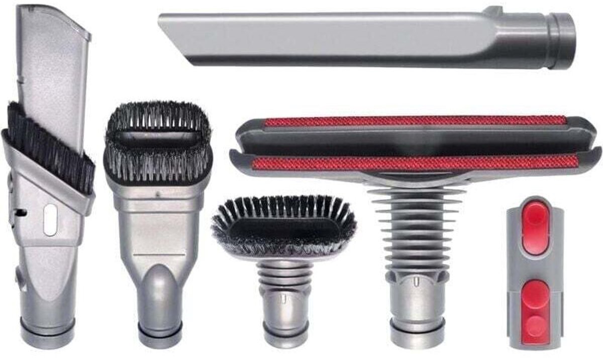 Borstelkopsets (inclusief adapters) geschikt voor Dyson V8- en V7-stofzuigers, en een complete set reinigingsaccessoires geschikt voor de Dyson V6-, DC45-, DC35-, DC52-, DC29-, DC62-, DC33- en DC34-modellen.