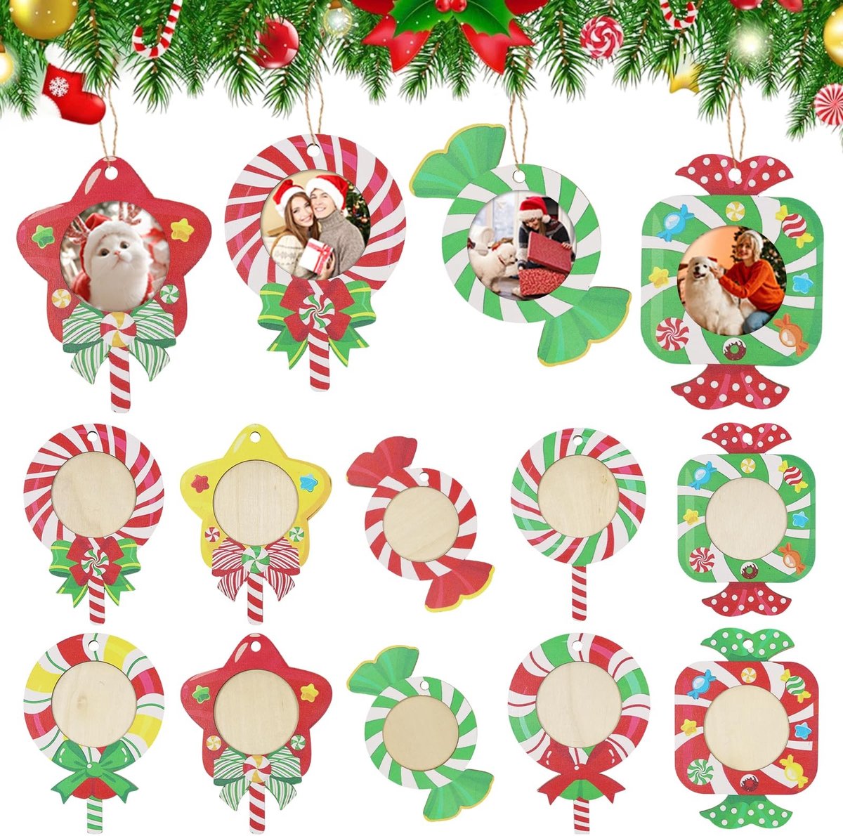 SolidKeus - Houten Kerstdecoraties met Foto Kader, Set van 10
