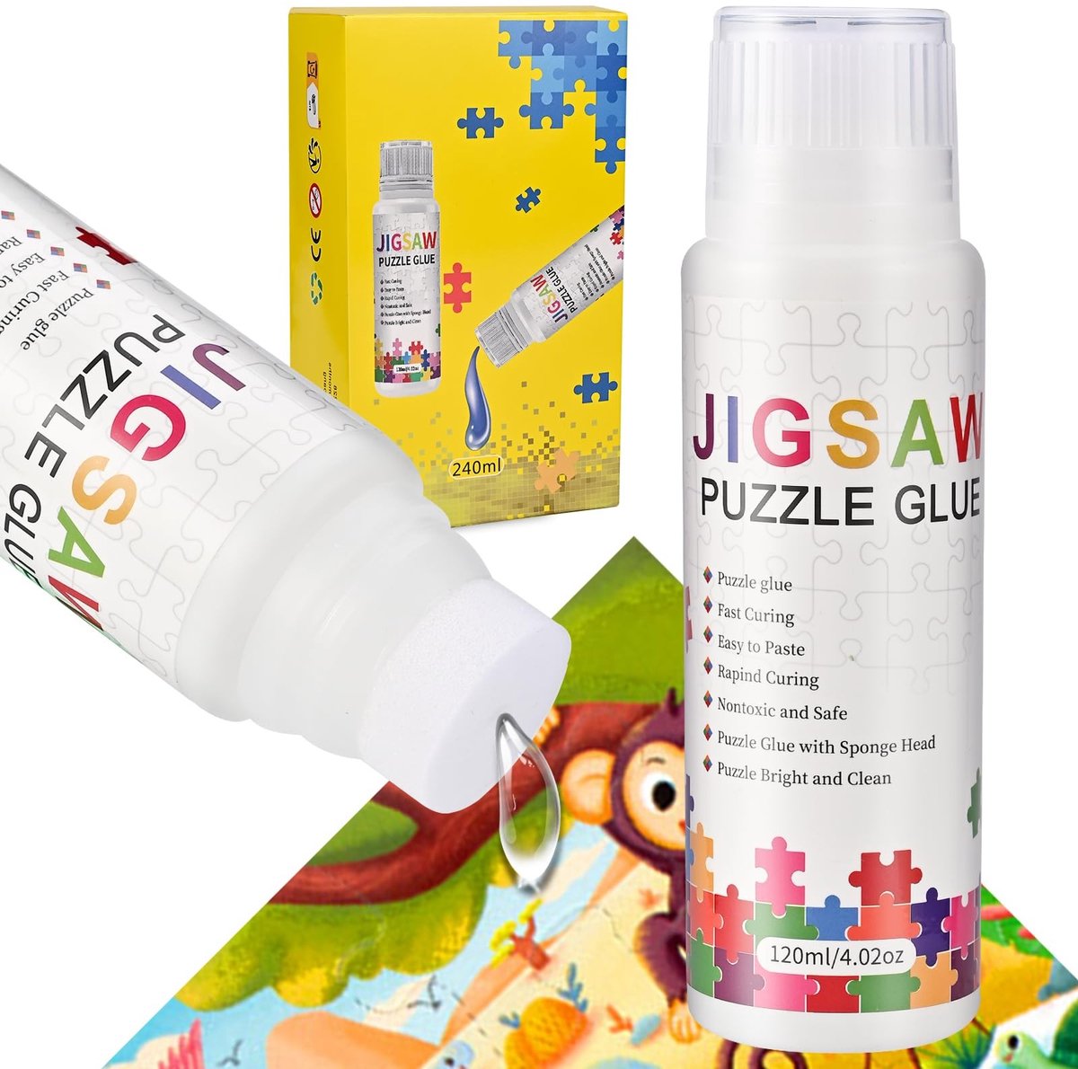 Puzzle Lijm 240 ml - Transparante Lijm met Sponskop voor het Plakken en Ophangen van Puzzels, Geschikt voor Kinderen en Volwassenen, Ideaal voor 1000/2000 Stukjes Puzzels
