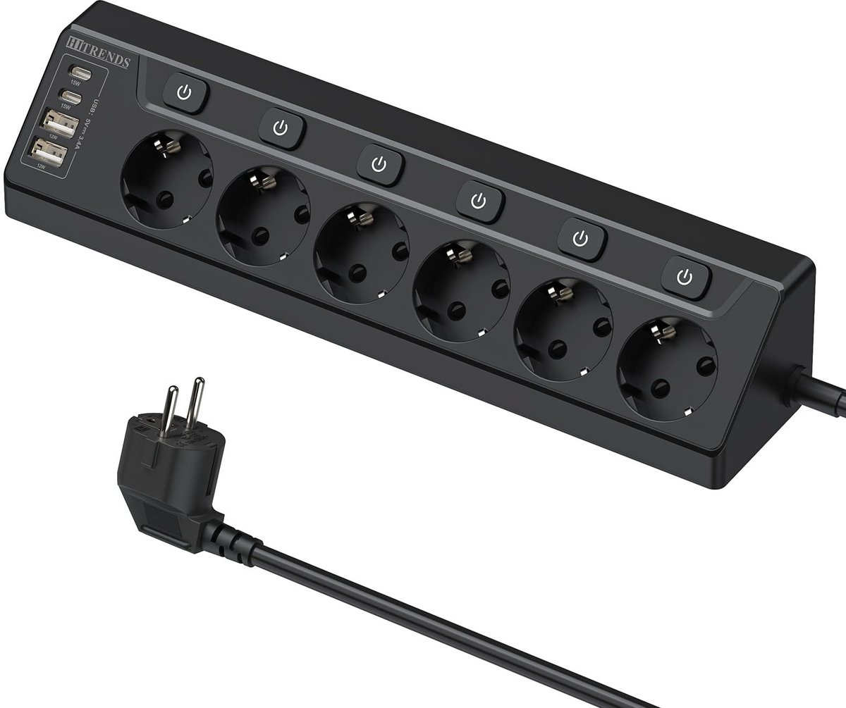 SolidKeus - 6-Way Power Strip met USB en Schakelaar